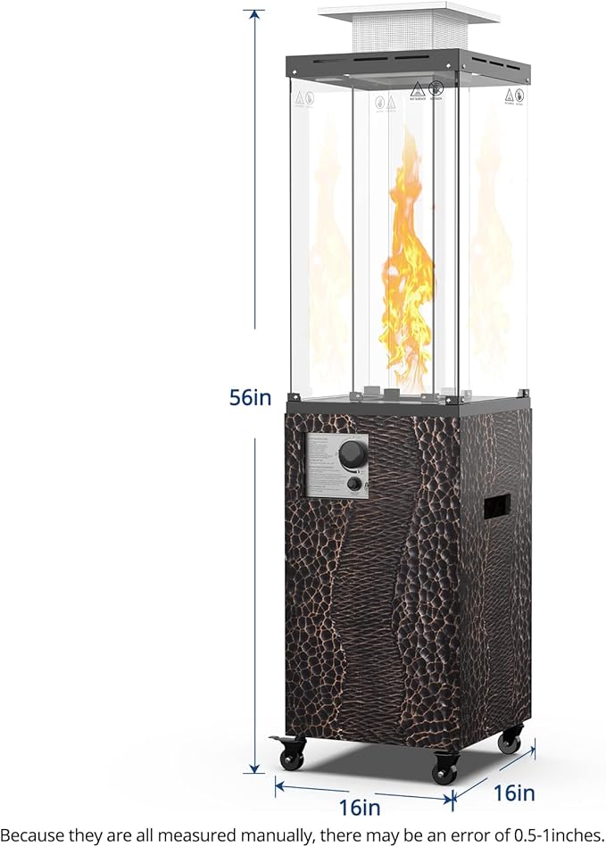 OTSUN 56'' Outdoor Patio Heater, Propane Heater with Wheels, Metal hood, Weather Cover, 201 Double Tempered glass, 41000 BTU with CSA Certification Gas Fireplace
