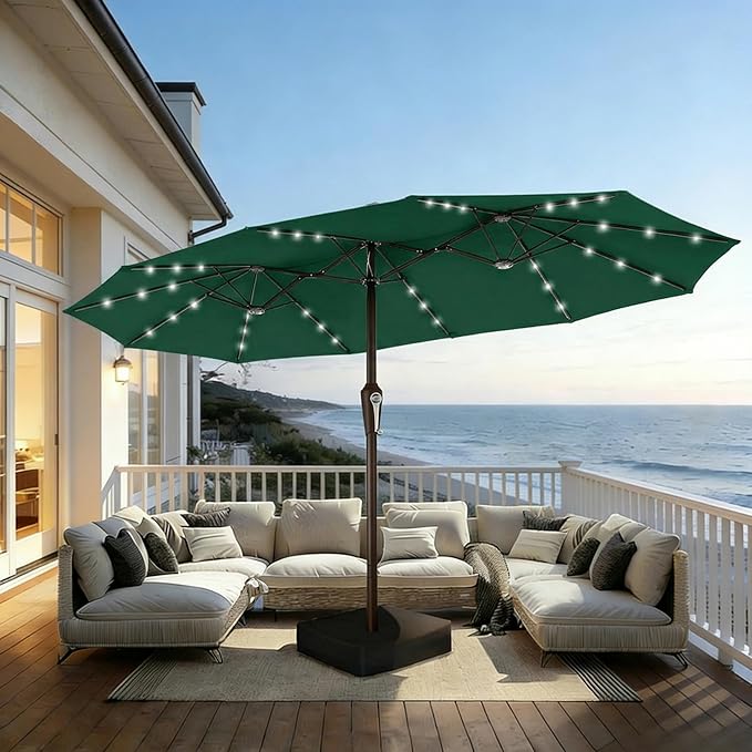 15FT Patio Umbrella with Solar Lights, Double-Sided Extra Large Outdoor Table Umbrella with Base Included, Heavy-Duty 12 Iron Ribs Market Umbrella for Garden, Pool, Backyard, Forest Green