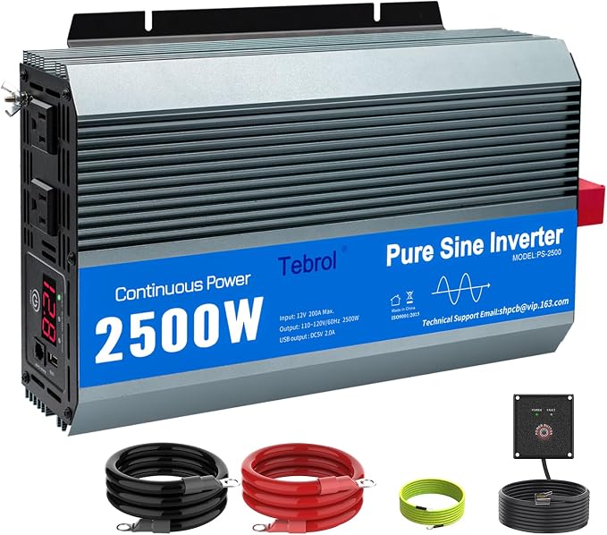 2500W Pure Sine Wave Inverter 12V DC to 120V AC Converter for Home, RV, Truck, Off-Grid Solar Power Inverter with Built-in 5V/2.1A USB, AC Hardwire Port, Remote Controller