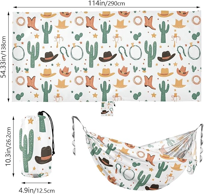 Camping Hammock Outdoor Hammocks for Outside Cowbay Hat Cactus Beach Trees Portable Lightweight with Pockets Tree Straps Indoor Small