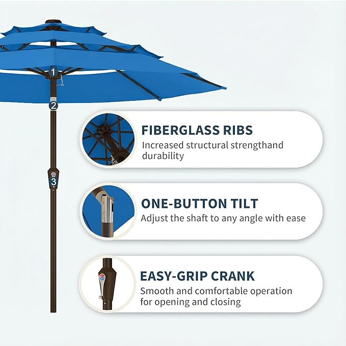PatioKingdom 9ft 3-Tier Patio Market Umbrella with Crank/Tilt, Commercial Heavy Duty Wind Proof,Outdoor Table Umbrella with 8 Fiberglass Ribs,UPF50+ for Deck,Pool,Garden,Backyard (Royal Blue)