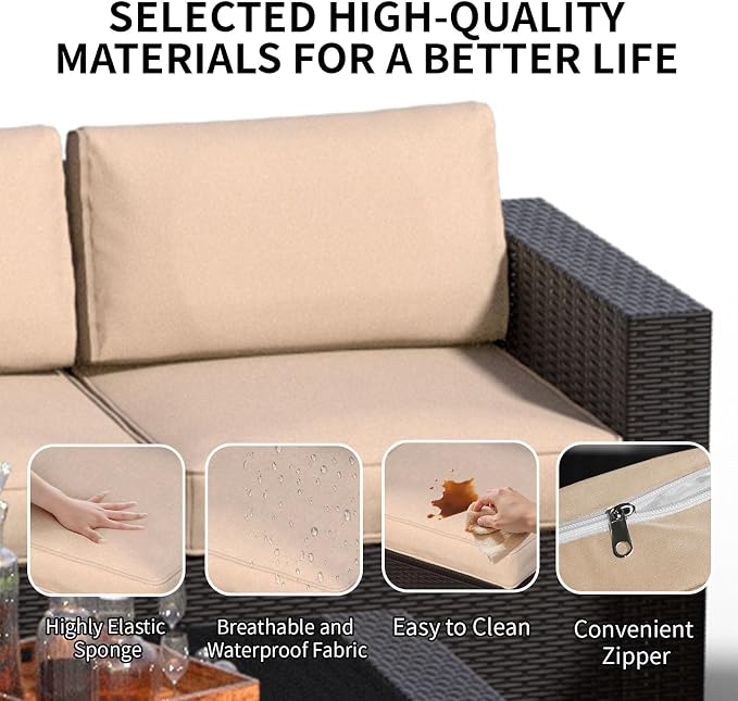 7 Piece Patio Furniture Set, Slanted Back Outdoor Sectional Sofa, Patio Conversation Sets with Cushion and Glass Table, Patio Sofa Furniture for Garden, Deck, Dark Brown Rattan & Khaki Cushions