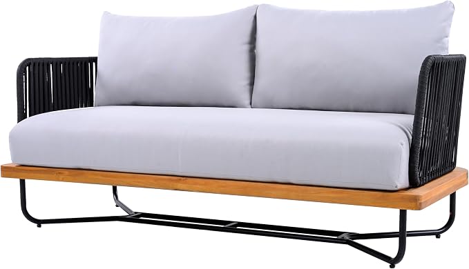 Christopher Knight Home Elly Acacia Wood Outdoor Loveseat and Coffee Table Set, 2 Piece Patio Furniture Set with Metal Frame, Outdoor Conversation Set with Cushion for Backyard, Black+Light Grey+Teak
