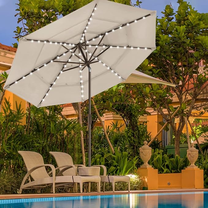 EliteShade USA 10-Year-Non-Fading 9ft 3-Tier Market Patio Umbrella, Commercial Table Umbrella with 80 Solar LED Lights, Crank Open, Windproof & UPF 50+ UV Protection for Garden, Deck, Pool, Backyard, Antique Beige