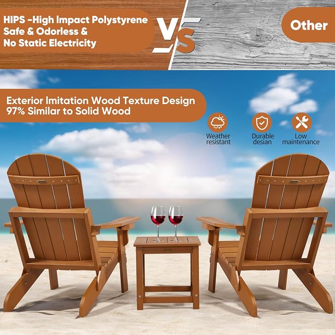 Outdoor Side Table Set of 2, HIPS Plastic Composite Adirondack Patio Table, Weather Resistant End Tables for Outside, Indoor, Patio, Garden, Pool, Porch, Backyard, Lawn, Deck - Teak