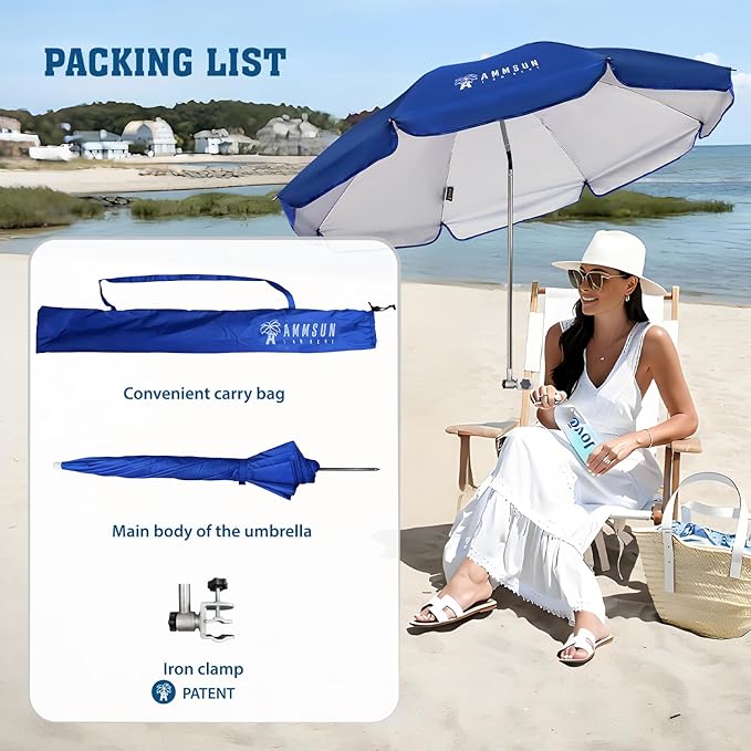 AMMSUN Chair Umbrella with Universal Clamp Adjustable 47 inches and 360° Swivel & UPF 50+ Protection Portable Sun Umbrella, Secure Clip on Camping/Beach Chairs, Stroller, Wheelchair, Golf cart, Lounger, Blue, 2 PACK