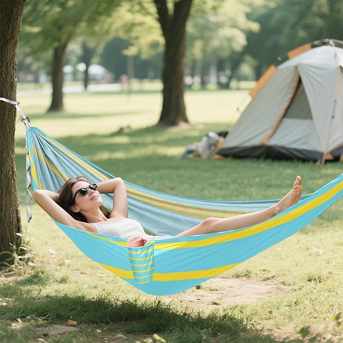 Blue-Yellow Horizontal Stripes 330lb Capacity Camping Hammocks with Portabl Carry Bag Hanging Hammock for Indoor Outdoor Patio hamaca para Patio Exterior