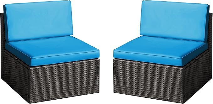 Greesum 2 Piece Patio Conversation Set Wicker Rattan Furniture Outdoor Sofa with Cushions,Pillows for Porch,Lawn and Yard, Blue