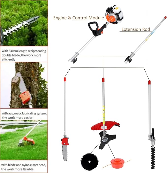 Gas Powered String Trimmer 52cc 6 in 1 Multi Functional Garden Trimming Tools, Weed Eater Gas Powered Hedge Trimmer Lawn Edger, Long Reach Pole Saw for Tree Trimming Branch Brush Cutter