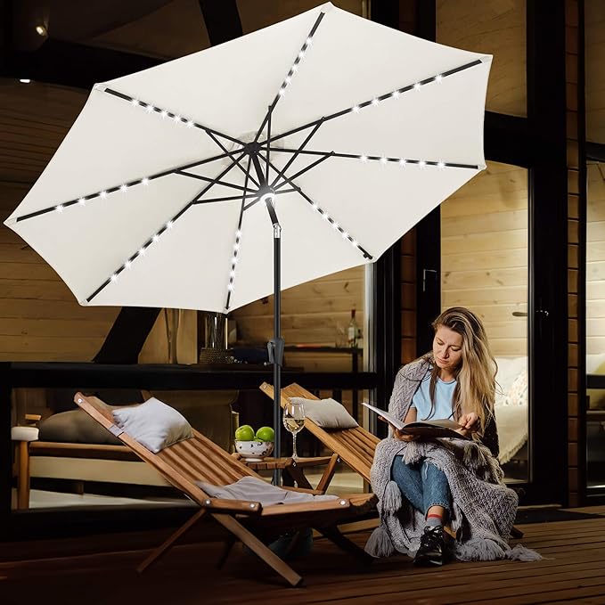 FLAME&SHADE 9 FT Outdoor Umbrella with 40LED Lights, Solar Light Patio Umbrella with Centre Surround Light, Table Market Umbrella Outdoor Patiofor Deck, Pool, Backyard, Garden (Ivory)
