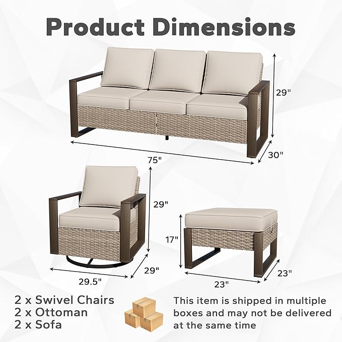 Outdoor Patio Swivel Rocker Chairs, 6 Pieces Wicker Furniture Set, 2 Swivel Rocking Chairs, 2 Sofa and 2 Ottoman, Metal Wide Armrest, Thick Cushions and Deep Seating for Garden, Backyard, Porch, Deck