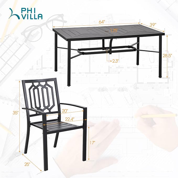 PHI VILLA 7 Pcs Outdoor Dining Set& 64" Rectangular | Metal Table w/ Umbrella Hole and 6 Stackable Dining Chairs.Perfect for Patio, Garden, Deck, Porch, and Yard