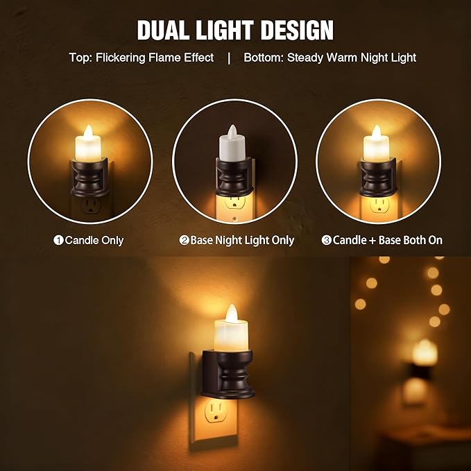 Meonum Flickering Flameless Candle Night Light Plug in, Dimmable LED Nightlight with Dusk to Dawn Sensor, Decorative Candle Light for Bedroom, Hallway, Bathroom (1 Pcs,Warm Yellow & Brown Base)