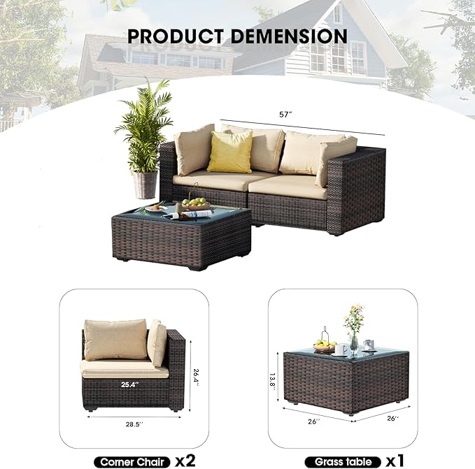 3 Piece Patio Furniture Set All Weather PE Rattan Outdoor Sectional Sofa Couch with No-Slip Cushions and Glass Top Table for Garden, Poolside, Backyard (Beige)