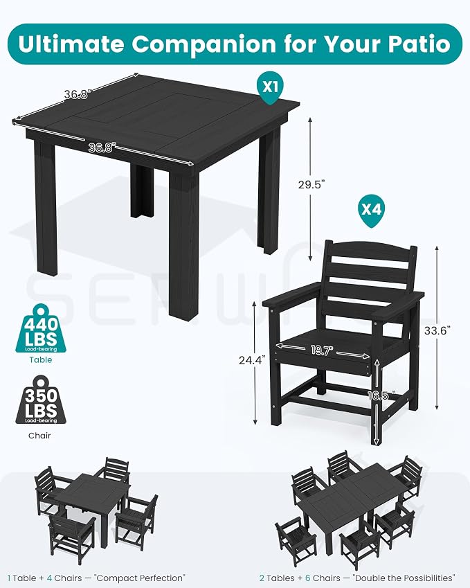 SERWALL HDPE Outdoor Square Dining Set for 4 | with Armchair Seat