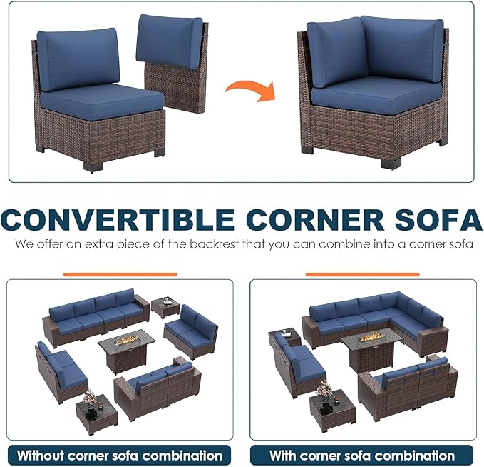 13 Piece Patio Furniture Set with Fire Pit Table, Wide Armrest Outdoor Sectional Sofa Brown Wicker Rattan Conversation Sets, 4'' Thickened Cushion Navy Blue
