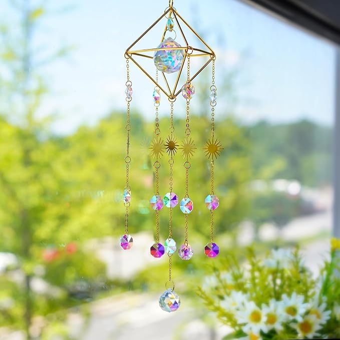 17''Crystal Prisms Suncatcher for Window Hanging Sun Catcher Indoor Window | Small Gold-Plated,Crystal Wind Chimes,Rainbow Maker,Whimsical Decor,Home Garden Christmas Tree Decoration,gift For Women Mom
