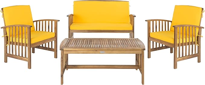 SAFAVIEH Outdoor Collection Rocklin Natural/ Yellow Cushions/ Navy Pillows 4-Piece Conversation Patio Set
