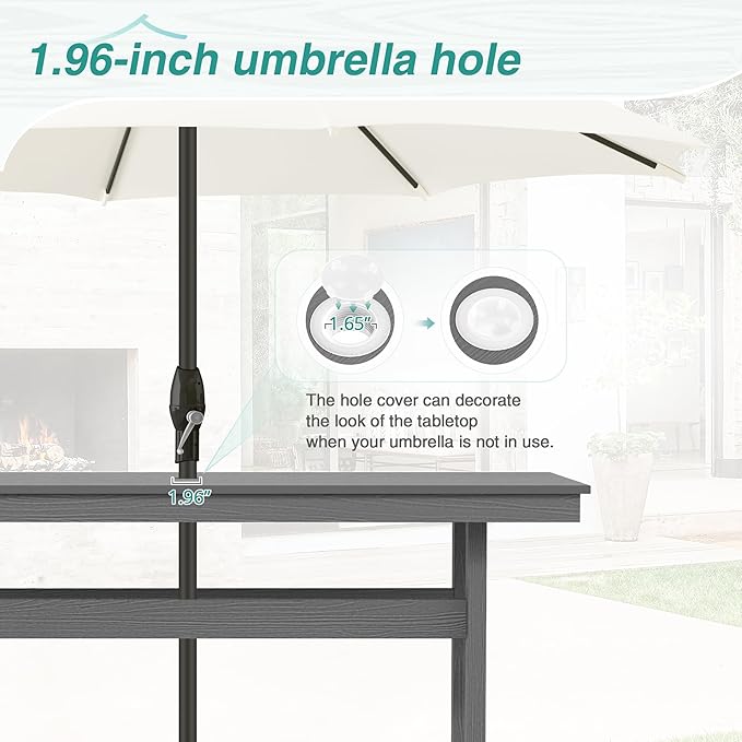 Rectangle Outdoor Dining Tables for 6, HDPS Weather Resistant Patio Dining Table, 66" Outdoor Tables with 1.96" Umbrella Hole for Porch, Balcony, Backyard, Grey