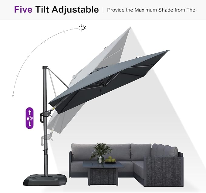 PURPLE LEAF 8'×8' Patio Cantilever Umbrella with Base Included Offset Outdoor Umbrella with Cover Square Outdoor Patios for Backyard Pool Garden Grey