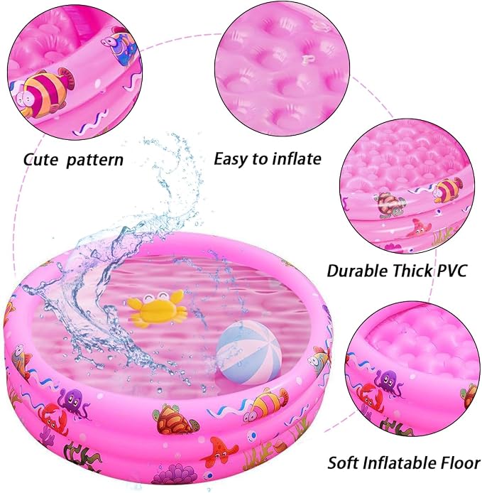 Inflatable Baby Kiddie Pools, 3 Rings Round Swimming Pool, Toddler Fun Water Swim Beach Floaties Toys, Kids Fishing Pond Ball Pit Pool, Small Infant Pool (Pink, 35 inch)