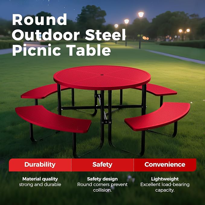 83" Round Heavy Duty Picnic Table for Outdoors Commercial Camping Table with Umbrella Hole up to 1.78" Red Coated Steel Frame Waterproof Rust Resistant 3200 lbs Load Capacity