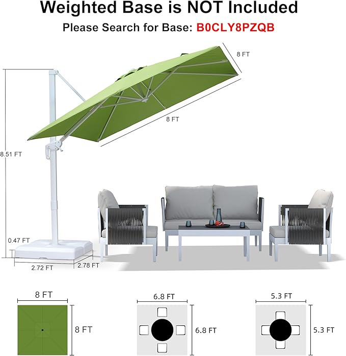PURPLE LEAF 8 FT Patio Umbrella White Cantilever Umbrella Aluminum Square Outdoor Offset Umbrella Hanging Windproof with 360° Rotation for Garden Deck Pool, Green