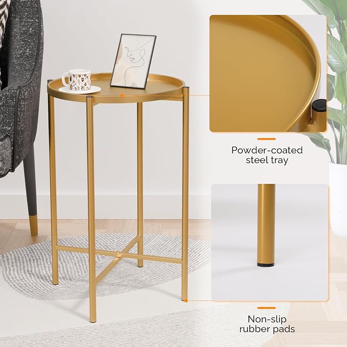 VINGLI Round Metal Side Table with Removable Tray, Outdoor Patio Coffee Table, Waterproof End Table for Small Spaces, Outdoor Patio, Living Room, Bedroom, Balcony (X-Brace & Non-Slip Pads) (1, Gold)