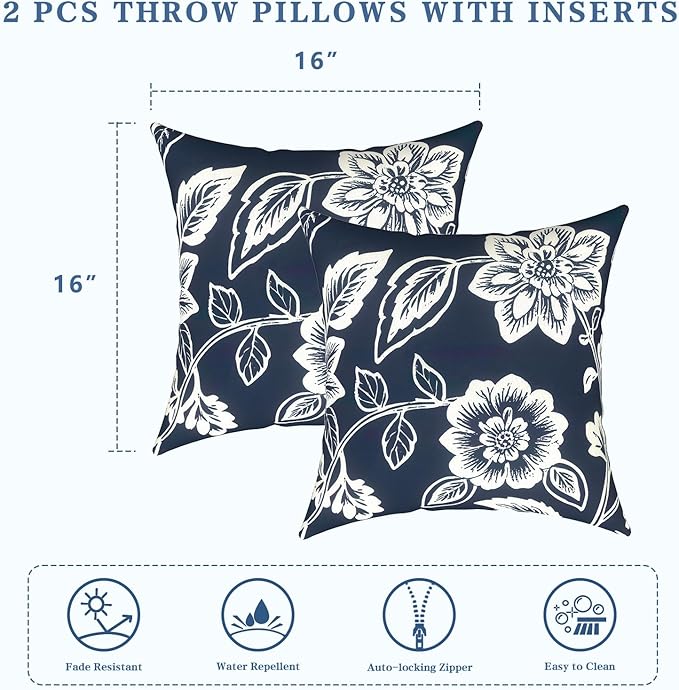 LVTXIII Outdoor Throw Pillows 16x16 Inch, Set of 2 Square Decorative Pillows with Inserts for Patio Furniture, Porch Chair, Sofa Accent, Elegant Vines Navy