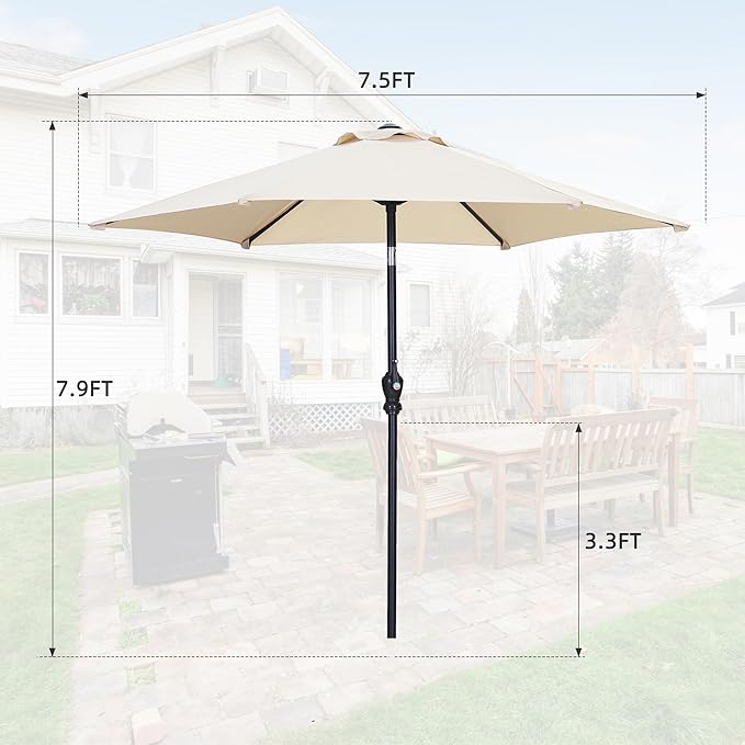 7.5FT Patio Umbrella, Outdoor Table Umbrella, Market Umbrella with Push Button Tilt and Crank for Garden, Lawn, Deck, Backyard & Pool