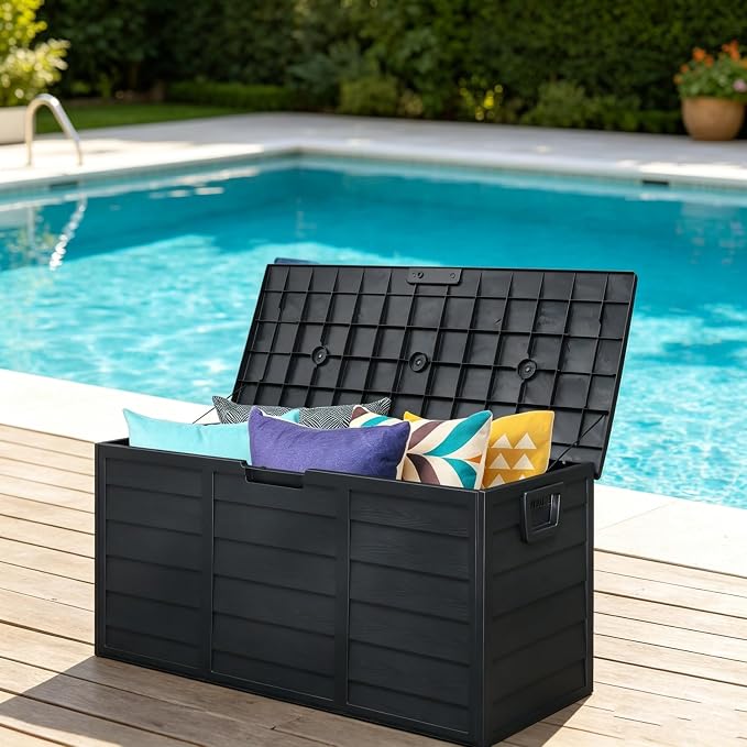 75 Gallon Waterproof Outdoor Deck Box with Wheels, Lockable Resin Patio Storage Container for Cushions, Garden Tools, Pool Accessories and Outdoor Supplies, Black
