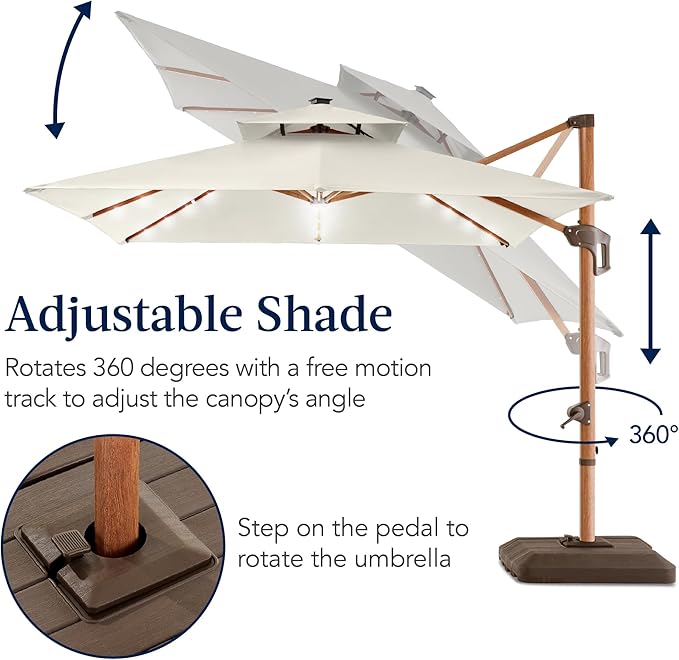 Best Choice Products 10ft Square Cantilever Patio Umbrella w/Base Included, Woodgrain Pattern Pole & Solar LED Lights, 360-Rotation, Offset Hanging Outdoor Shade