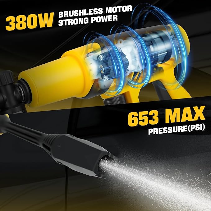 Cordless Pressure Washer Compatible with DeWalt 20V Battery, 380W Brushless Motor High Pressure Washer 653PSI, 0-180°Rotating Nozzle Portable Power Washer for Car, Floor, Garden(Tool Only)