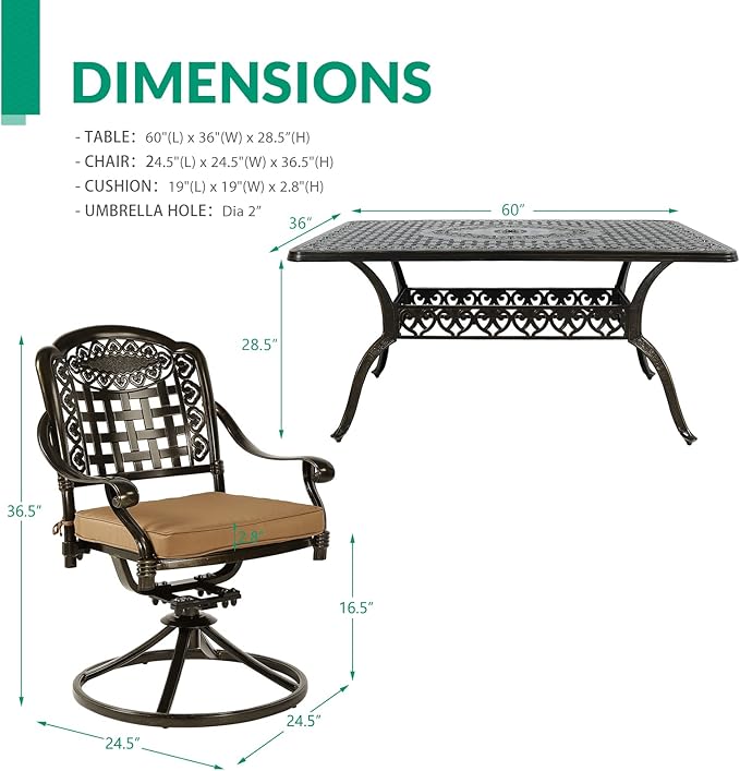 VIVIJASON 7-Piece Outdoor Furniture Dining Set, All-Weather Cast Aluminum Patio Conversation Set, Include 6 Swivel Dining Chairs and a Rectangle Table with Umbrella Hole for Lawn Garden Backyard