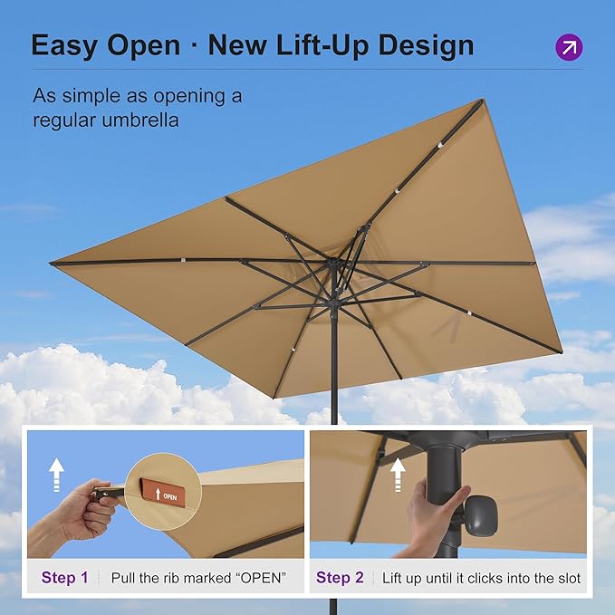 PURPLE LEAF 10' x 10' Square Semi-Auto Outdoor Patio Umbrella Aluminium Market Umbrella Table Sun Umbrella with 1.89" Rod and 8 Sturdy Ribs for Deck Lawn Pool Garden, Beige