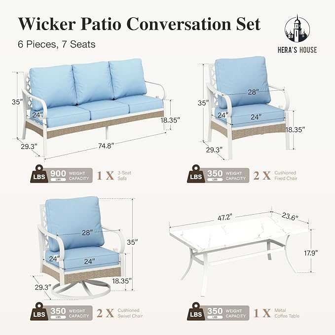 HERA'S HOUSE 6 Piece Metal Patio Furniture Set, All Weather Outdoor Conversation Set with 3-Seat Sofa, 2 Swivel Chairs, 2 Fixed Chairs & Coffee Table, 7 Seats for Backyard, Garden, Deck, White/Blue