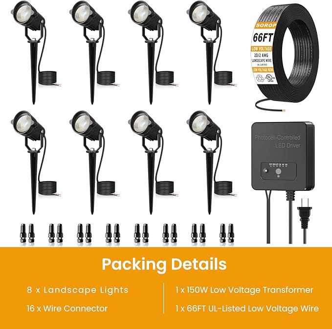 Low Voltage Landscape Lighting Kit, 6W Landscape Lights with Transformer 66FT UL-Listed Wire & Connectors, 3000K Waterproof Outdoor Spotlight Lights for Yard House Tree 12V-24V 8Pack