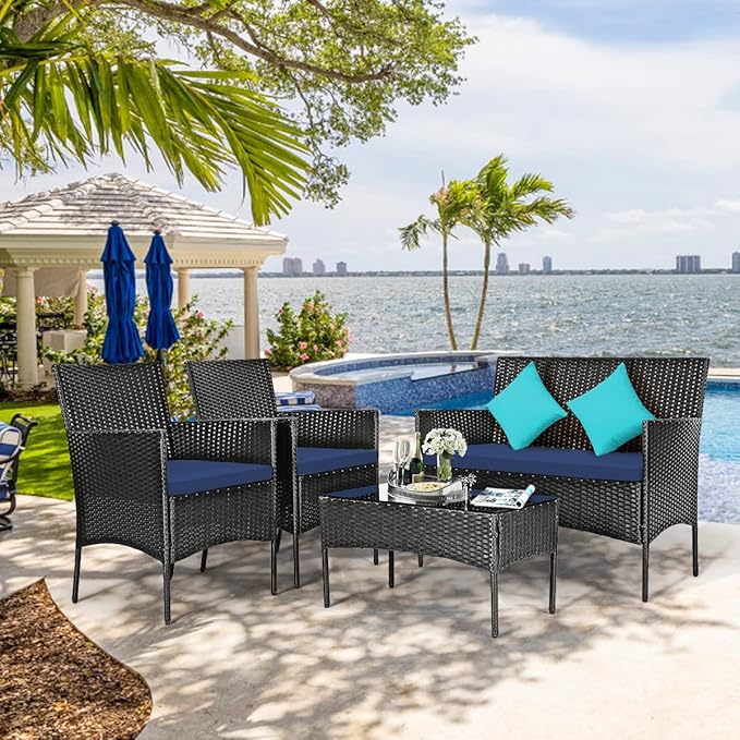 Tangkula 8 Piece Patio Furniture Set, Outdoor Wicker Conversation Set with Tempered Glass Coffee Table, Rattan Loveseat & Chairs Set with Seat Cushions for Backyard, Garden, Poolside (2, Navy)