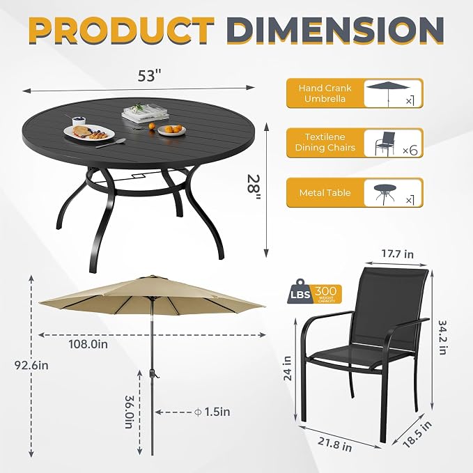7-Piece Patio Dining Set with Umbrella,6 Person Outdoor Table and Chairs Set, 6 Metal Dining Chairs and Round Outdoor Table with 1.57" Umbrella Hole,Black