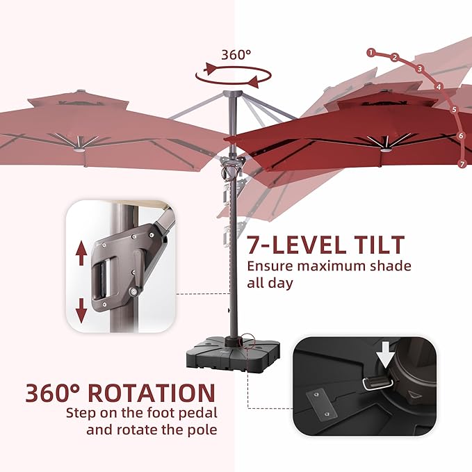9 X 12 FT Cantilever Outdoor Patio Umbrella with Base Included Large Heavy Duty 360° Rotation Double Top Offset Rectangular Umbrellas with LED Lights for Backyard Outside Deck, Red