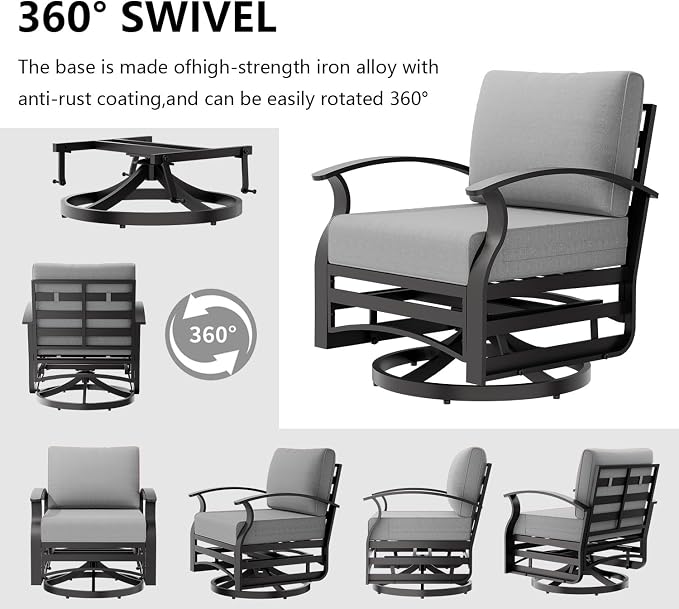 Outdoor Patio Furniture Set, 3 Piece Aluminum Metal Chairs Swivel Rocker, Overstuffed Washable Cushions Bistro Set for Porch, Balcony, Deck, Garden Grey