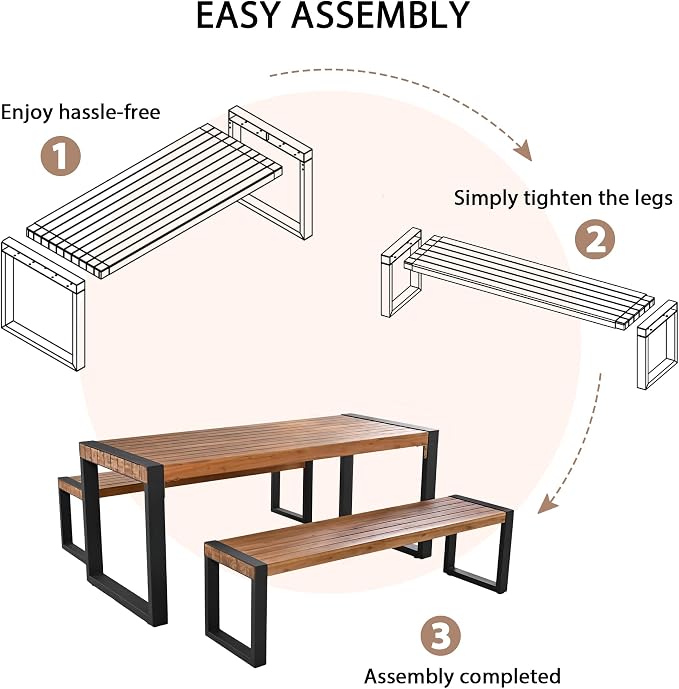 Acacia Wood Patio Dining Set, 3 Piece Outdoor Dining Set with Benches, Wood