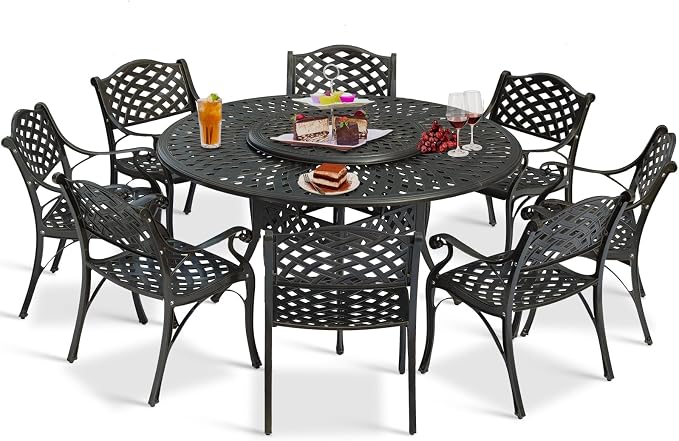 9-Piece Patio Cast Aluminum Dining Set, All Weather Outdoor Dining Furniture Set for 8 Person, Includes 8 Dining Chairs and 61" Large Round Dining Table w/ 31" Lazy Susan, Umbrella Hole