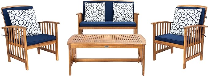 SAFAVIEH Outdoor Collection Rocklin Natural/ Navy Blue Cushions/ Geometric Pattern Pillows 4-Piece Conversation Patio Set