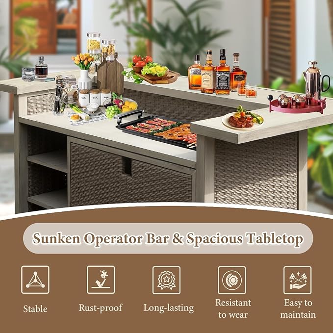 GOWE Patio Bar Table, Outdoor Aluminum PE Wicker Bar Cart with Cabinet, All Weather Use Storage Patio Cabinet for Patio Kitchen or Bar Cart, Wood Grain