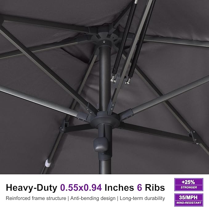 PURPLE LEAF 6 X 10 FT Commercial Rectangle Patio Market Umbrella Semi Auto Heavy Duty 1.9" Aluminum Pole 6 Sturdy Ribs for Outdoor Dining Business Restaurant Poolside Hotel Resort Wedding Venue Cafes Garden Grey