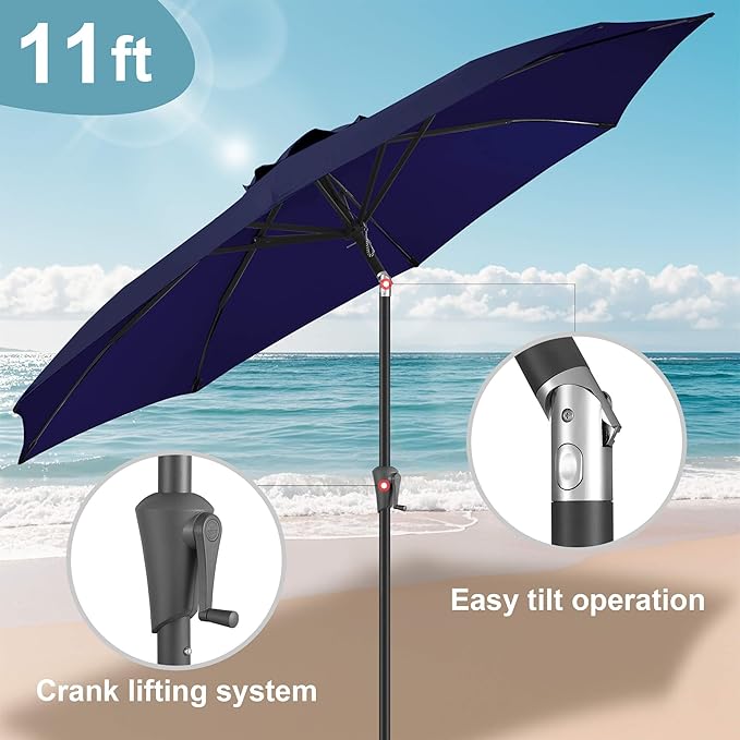 FLAME&SHADE 11 ft Patio Umbrella - Table Umbrella Outdoor with Push Button Tilt and Crank, UV Protection, 8 Sturdy Ribs, Market Umbrella for Garden, Deck, Backyard, Lawn, Pool and Beach(Navyblue)