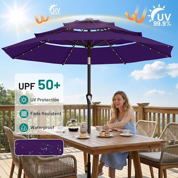 AreShark 9ft 3 Tiers Patio Umbrella with Solar Lights, Outdoor Umbrella w/ 32 LED Lights&8 Sturdy Ribs, Table Umbrella for Deck, Backyard, Pool (Dark Purple)