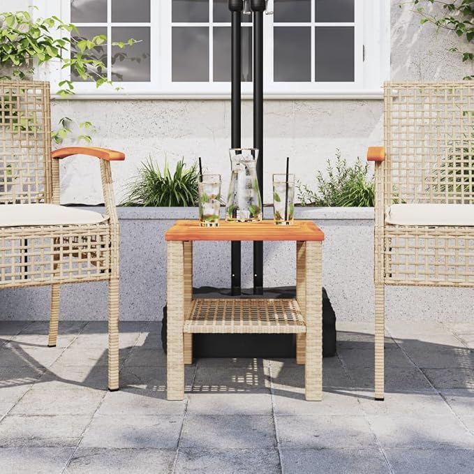 Beige 15.7x15.7x16.5 Inch PE Rattan Side Table with Acacia Wood Top for Garden Patio Backyard