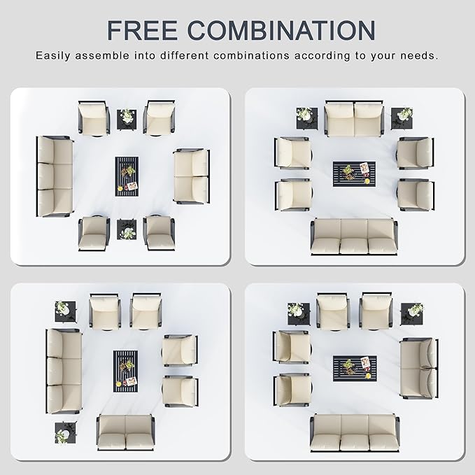 9 Pieces Patio Furniture Set, Metal Outdoor Conversation Sets with Swivel Chairs, Modern Couch Sofa Seating Group with Coffee Table and Side Table (Thick Beige Cushions)